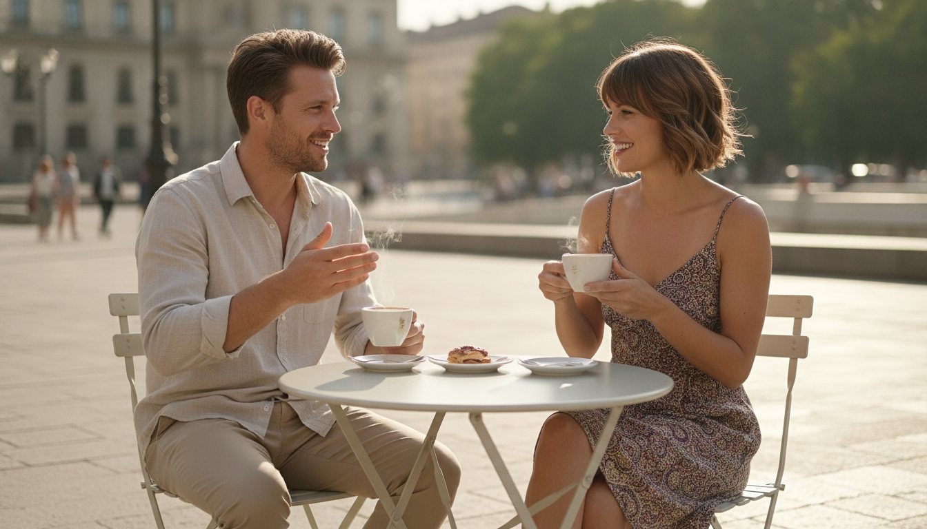 Mann und Frau führen ein entspanntes Gespräch an einem sonnigen Café-Tisch