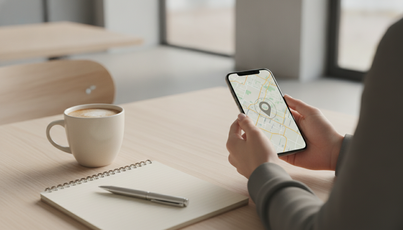 Frau plant den Treffpunkt mit einer Standort-App auf dem Smartphone