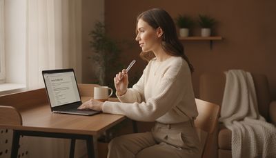 Frau sitzt am Laptop und formuliert nachdenklich ihren Dating-Profiltext